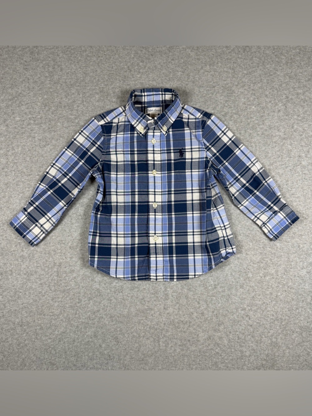 Ralph Lauren Baby Boy 18M Blue/White Plaid Button-Up Polo Shirt Long Sleeve